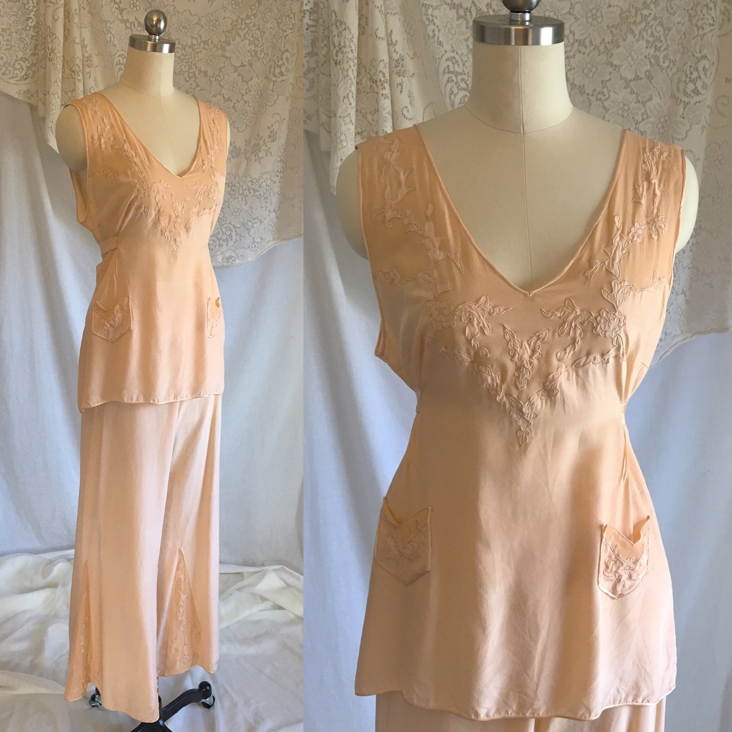 Vintage 1930's Beach Pajama Set | Rich Apricot Silk with Chiffon Inserts & Floral Embroidery | Size XS - Daggers & Dames