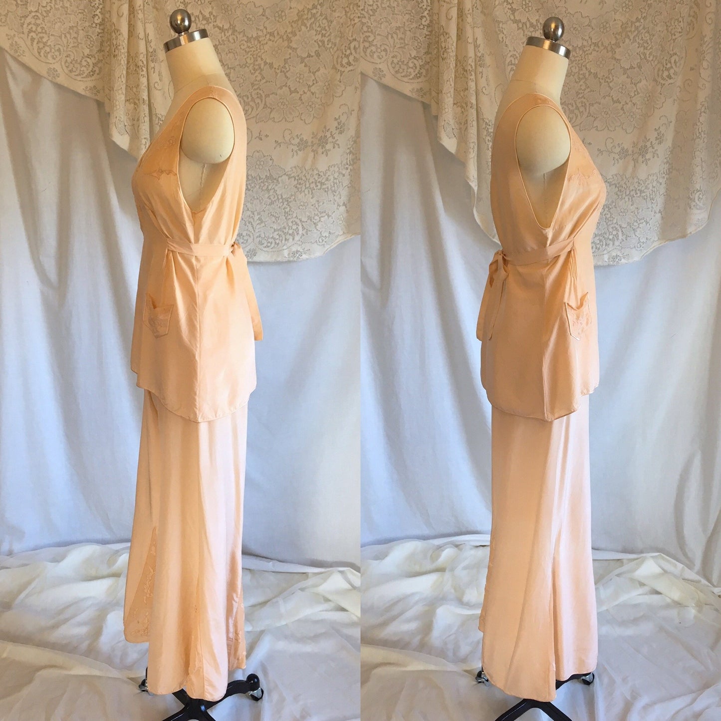 Vintage 1930's Beach Pajama Set | Rich Apricot Silk with Chiffon Inserts & Floral Embroidery | Size XS - Daggers & Dames