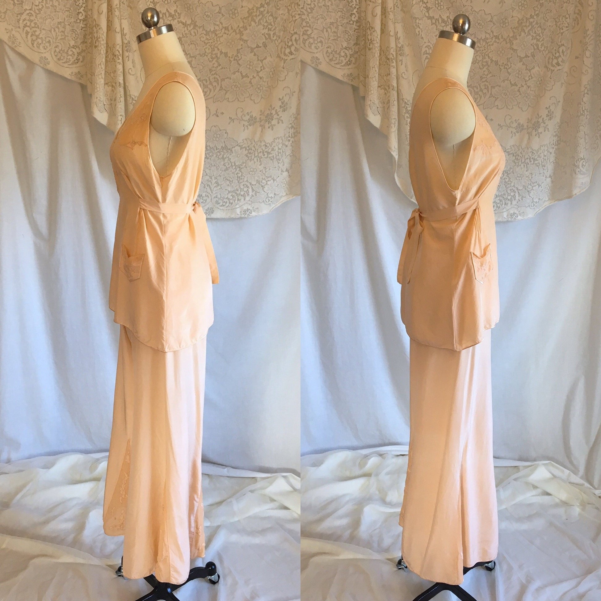 Vintage 1930's Beach Pajama Set | Rich Apricot Silk with Chiffon Inserts & Floral Embroidery | Size XS - Daggers & Dames