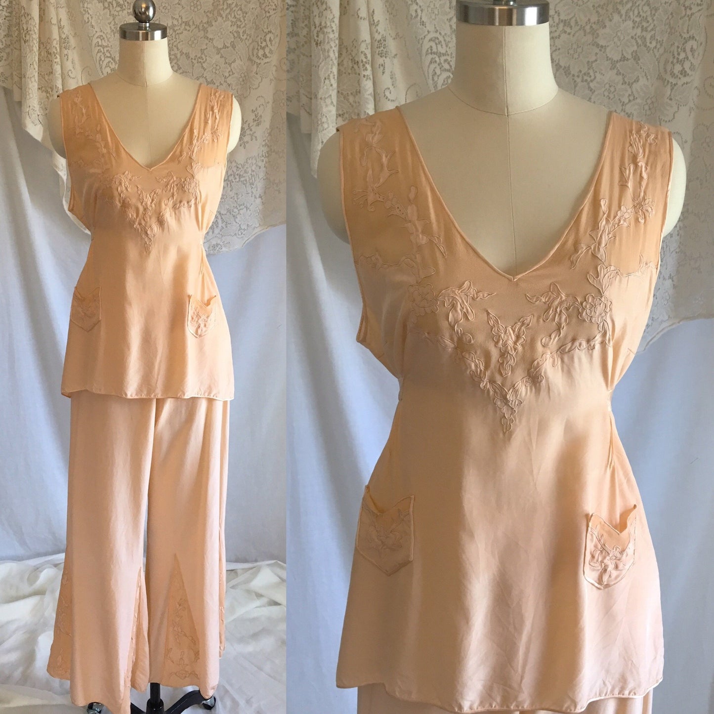Vintage 1930's Beach Pajama Set | Rich Apricot Silk with Chiffon Inserts & Floral Embroidery | Size XS - Daggers & Dames