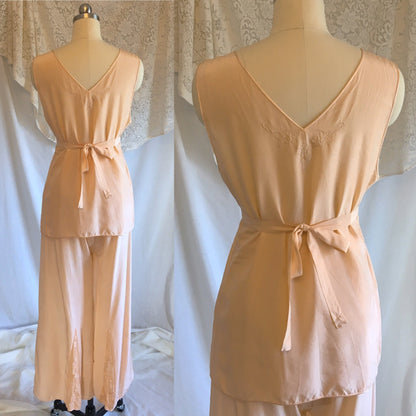 Vintage 1930's Beach Pajama Set | Rich Apricot Silk with Chiffon Inserts & Floral Embroidery | Size XS - Daggers & Dames