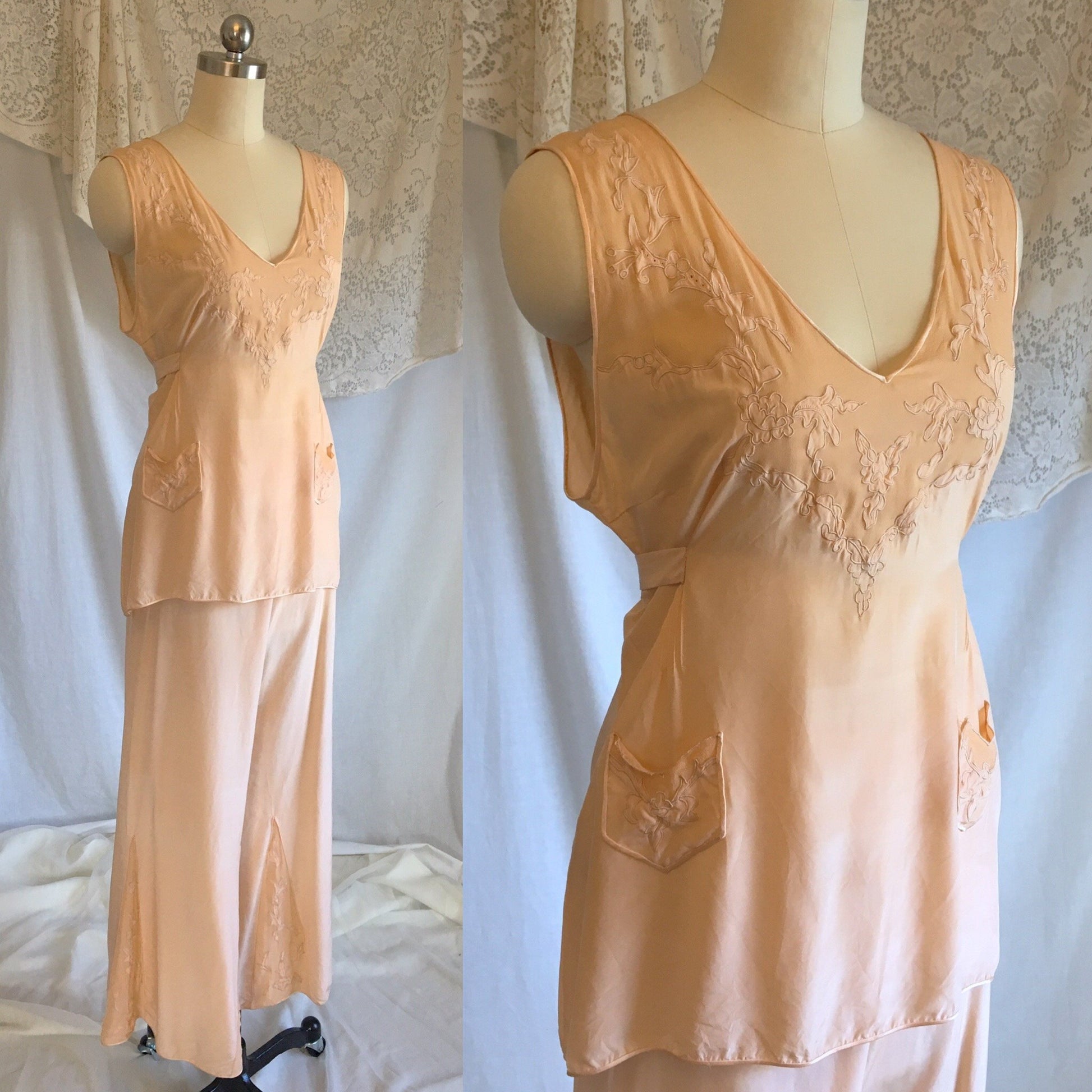 Vintage 1930's Beach Pajama Set | Rich Apricot Silk with Chiffon Inserts & Floral Embroidery | Size XS - Daggers & Dames