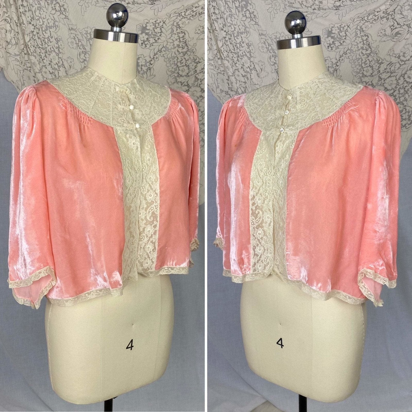 Vintage 1930's Bed Jacket | Princess Pink Silk Velvet with Bell Sleeves & Ivory Cotton Lace | Size XS, S, M | Nanette -Never Worn - Daggers & Dames