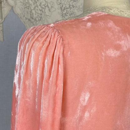 Vintage 1930's Bed Jacket | Princess Pink Silk Velvet with Bell Sleeves & Ivory Cotton Lace | Size XS, S, M | Nanette -Never Worn - Daggers & Dames