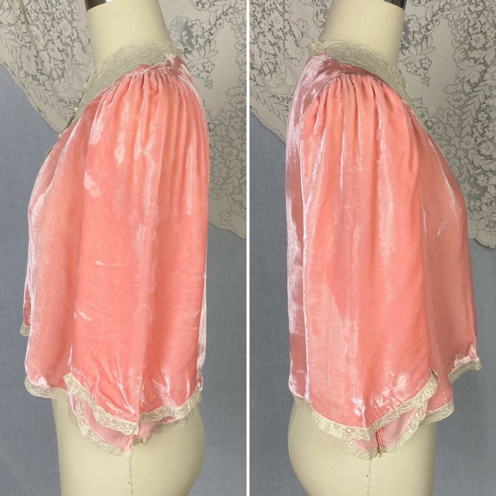 Vintage 1930's Bed Jacket | Princess Pink Silk Velvet with Bell Sleeves & Ivory Cotton Lace | Size XS, S, M | Nanette -Never Worn - Daggers & Dames
