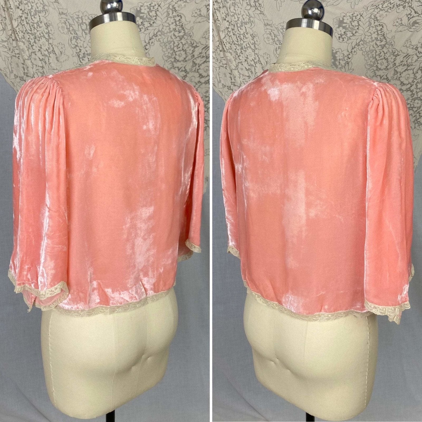 Vintage 1930's Bed Jacket | Princess Pink Silk Velvet with Bell Sleeves & Ivory Cotton Lace | Size XS, S, M | Nanette -Never Worn - Daggers & Dames