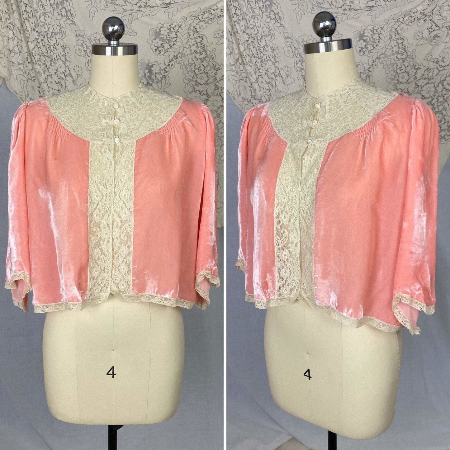 Vintage 1930's Bed Jacket | Princess Pink Silk Velvet with Bell Sleeves & Ivory Cotton Lace | Size XS, S, M | Nanette -Never Worn - Daggers & Dames