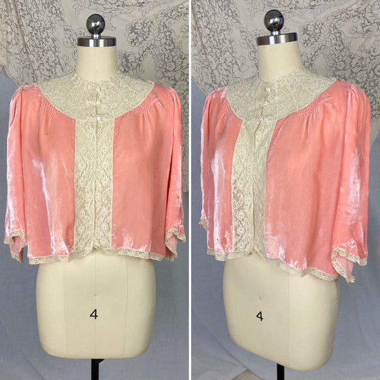 Vintage 1930's Bed Jacket | Princess Pink Silk Velvet with Bell Sleeves & Ivory Cotton Lace | Size XS, S, M | Nanette -Never Worn - Daggers & Dames