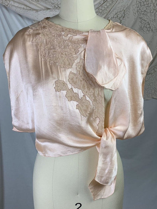 Vintage 1930's Bed Jacket | Size S/M | Hand Stitched Pale Rose Gold Silk Charmeuse with Deep Nude Floral Lace & Hand Rolled Seams - Daggers & Dames