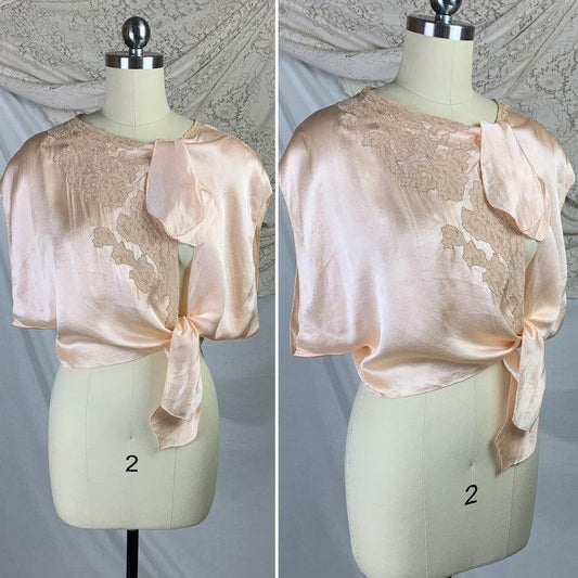Vintage 1930's Bed Jacket | Size S/M | Hand Stitched Pale Rose Gold Silk Charmeuse with Deep Nude Floral Lace & Hand Rolled Seams - Daggers & Dames