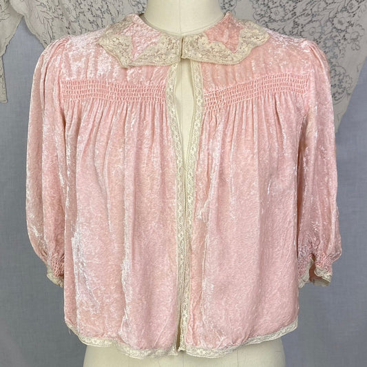 Vintage 1930's Bed Jacket | Victorian Rose Pink Crushed Velvet with Ivory Lace | Size XS, S - Daggers & Dames