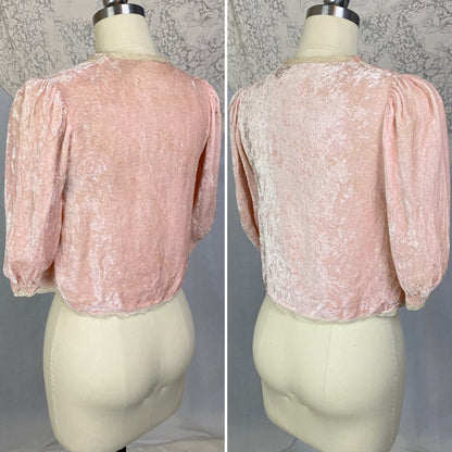 Vintage 1930's Bed Jacket | Victorian Rose Pink Crushed Velvet with Ivory Lace | Size XS, S - Daggers & Dames
