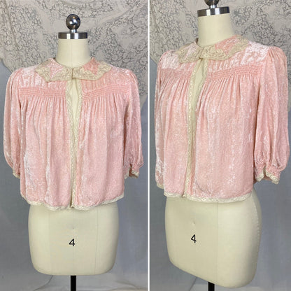 Vintage 1930's Bed Jacket | Victorian Rose Pink Crushed Velvet with Ivory Lace | Size XS, S - Daggers & Dames