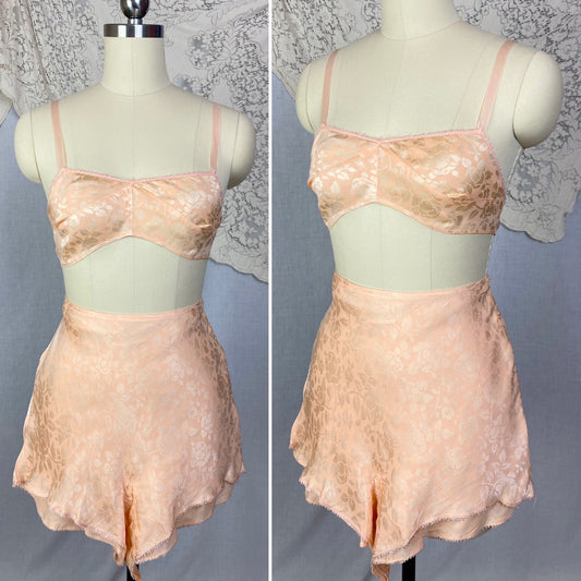 Vintage 1930's Bralette & Tap Pant Lingerie Set | Pale Peachy Pink Silk with Silver Rose Jacquard | Size S, M, 34 B - Daggers & Dames