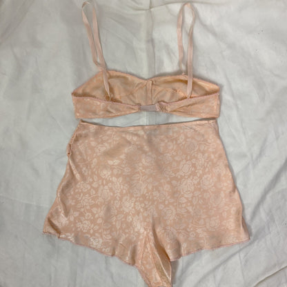 Vintage 1930's Bralette & Tap Pant Lingerie Set | Pale Peachy Pink Silk with Silver Rose Jacquard | Size S, M, 34 B - Daggers & Dames