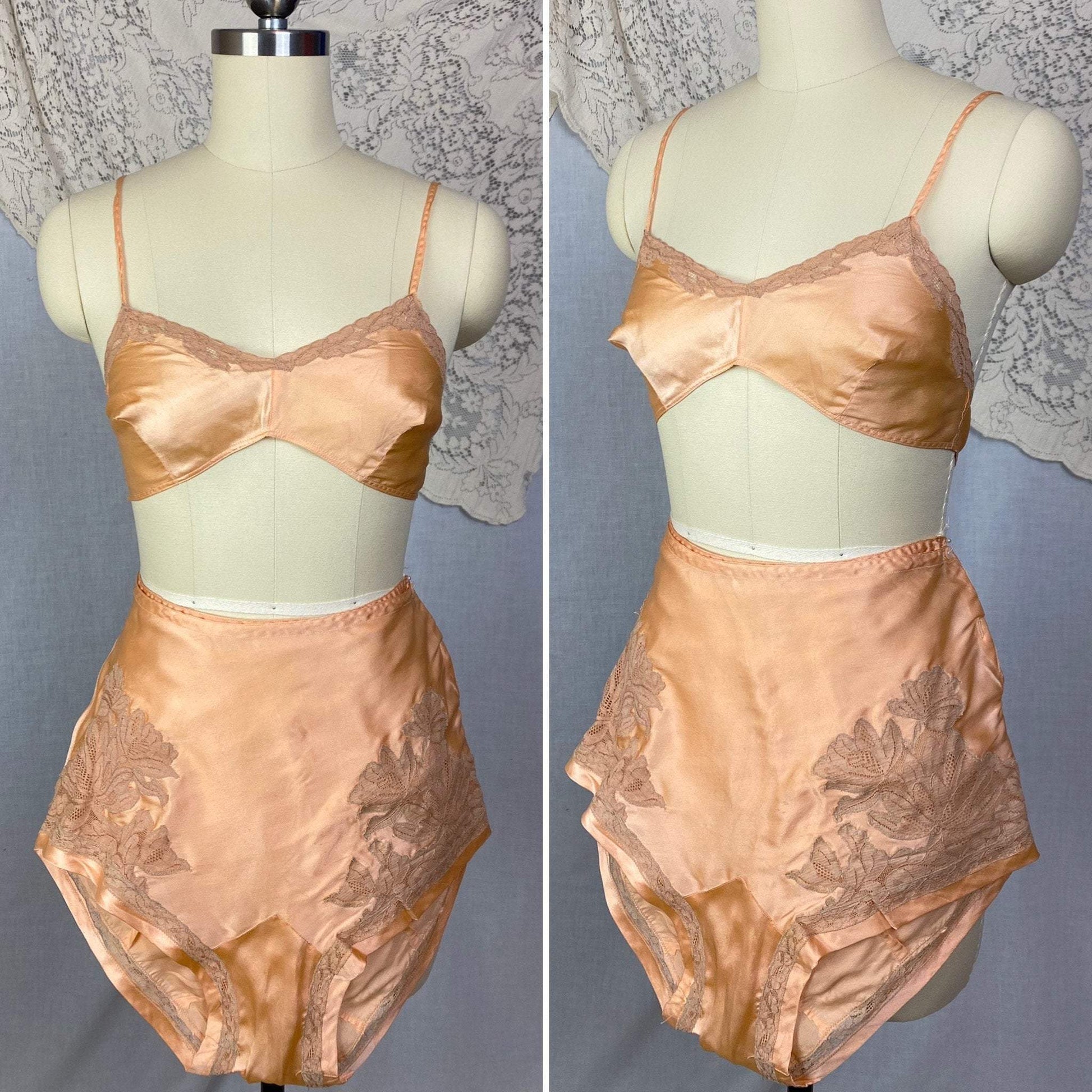 Vintage 1930's Bralette & Tap Pant Lingerie Set | Rich Apricot Silk with Mocha Lace | Size XS, 32 B | NRA Label -Never Worn - Daggers & Dames
