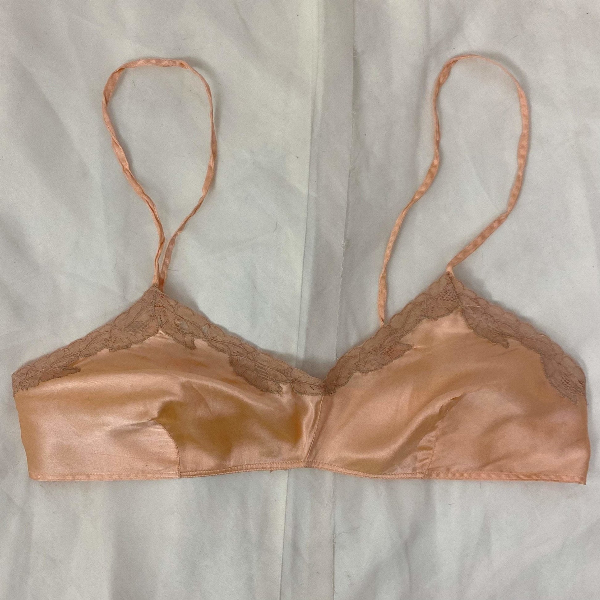 Vintage 1930's Bralette & Tap Pant Lingerie Set | Rich Apricot Silk with Mocha Lace | Size XS, 32 B | NRA Label -Never Worn - Daggers & Dames