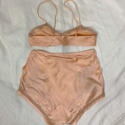 Vintage 1930's Bralette & Tap Pant Lingerie Set | Rich Apricot Silk with Mocha Lace | Size XS, 32 B | NRA Label -Never Worn - Daggers & Dames