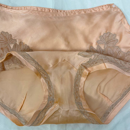 Vintage 1930's Bralette & Tap Pant Lingerie Set | Rich Apricot Silk with Mocha Lace | Size XS, 32 B | NRA Label -Never Worn - Daggers & Dames