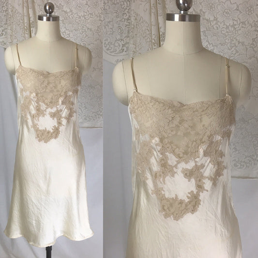 Vintage 1930's Chemise | Ivory Champagne Silk with Tape Alençon Lace & Hand Rolled Hem | Size LG - Daggers & Dames
