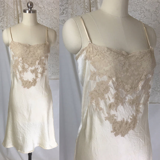 Vintage 1930's Chemise | Ivory Champagne Silk with Tape Alençon Lace & Hand Rolled Hem | Size LG - Daggers & Dames