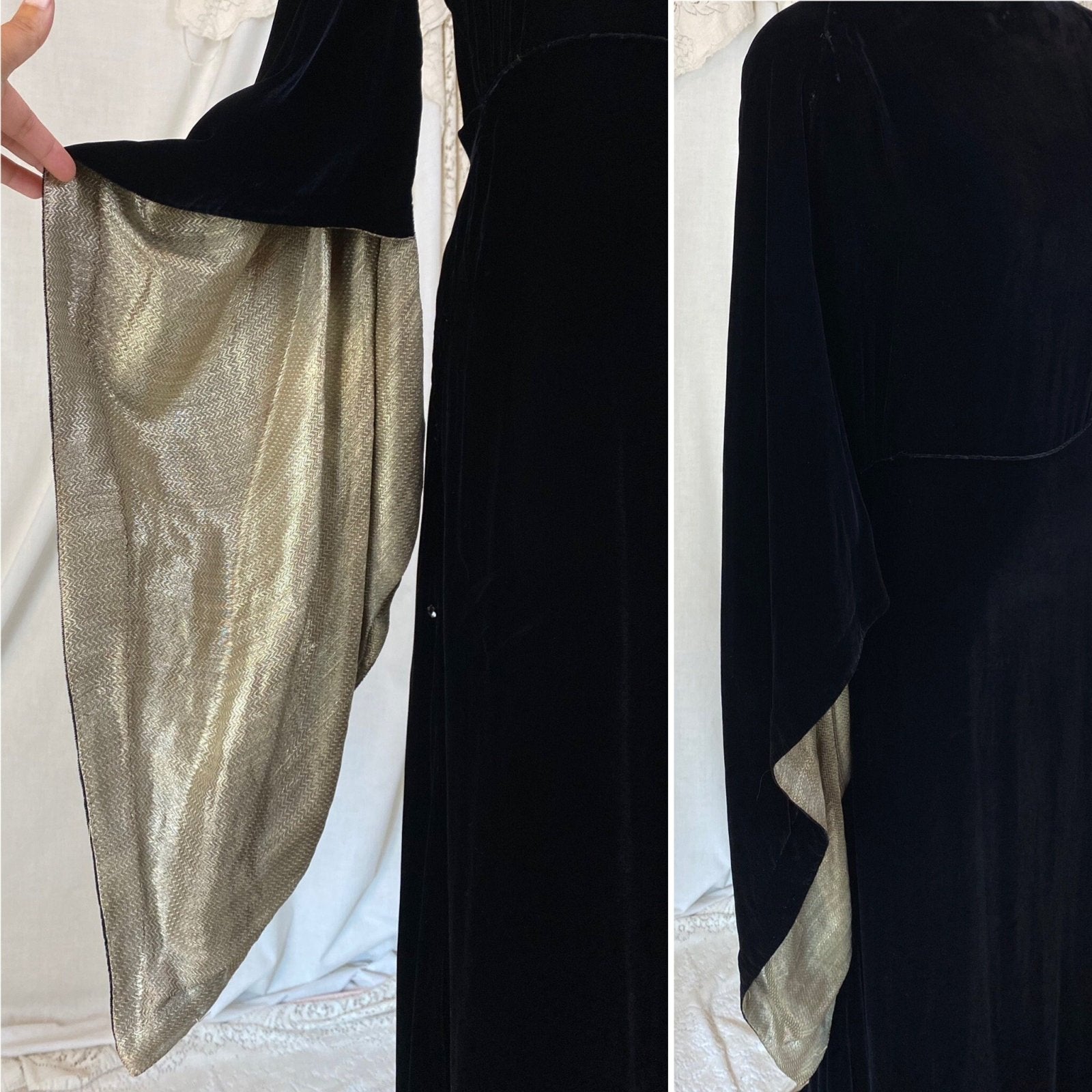 Vintage 1930's Dress | Deep Black Silk Velvet with Gold Lamé Sleeves | Size S, M | Roy H. Bjorkman - Daggers & Dames