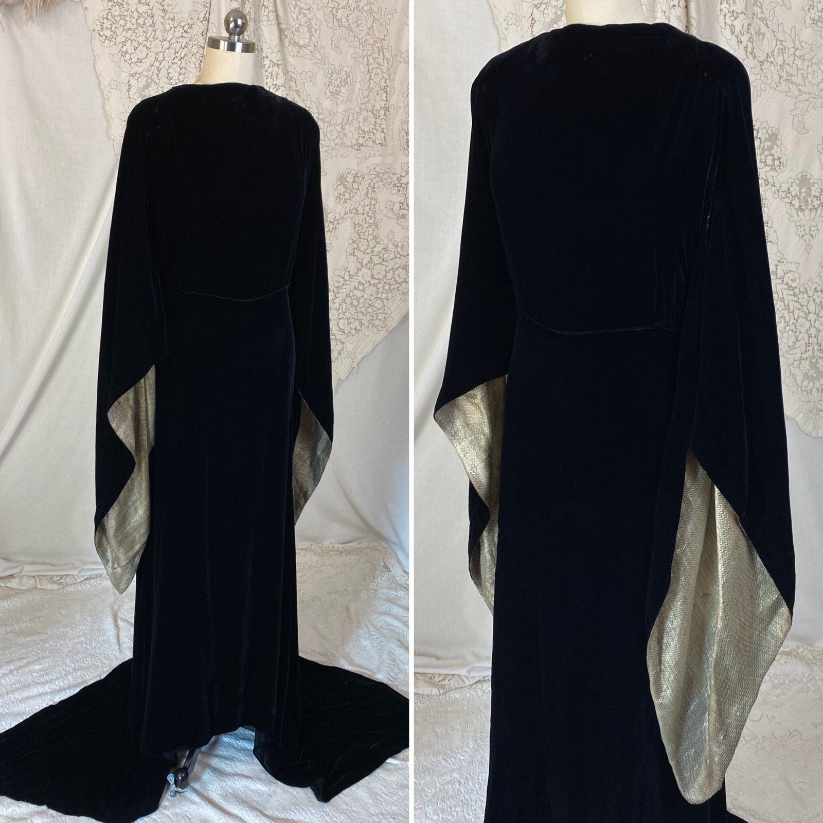 Vintage 1930's Dress | Deep Black Silk Velvet with Gold Lamé Sleeves | Size S, M | Roy H. Bjorkman - Daggers & Dames