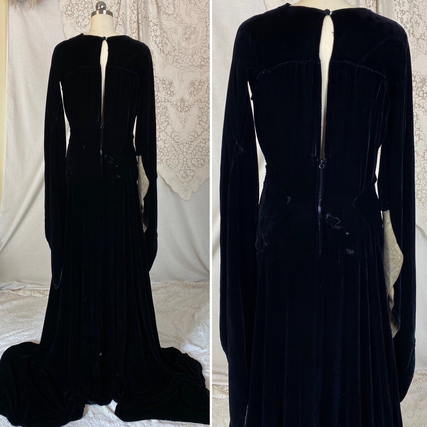 Vintage 1930's Dress | Deep Black Silk Velvet with Gold Lamé Sleeves | Size S, M | Roy H. Bjorkman - Daggers & Dames
