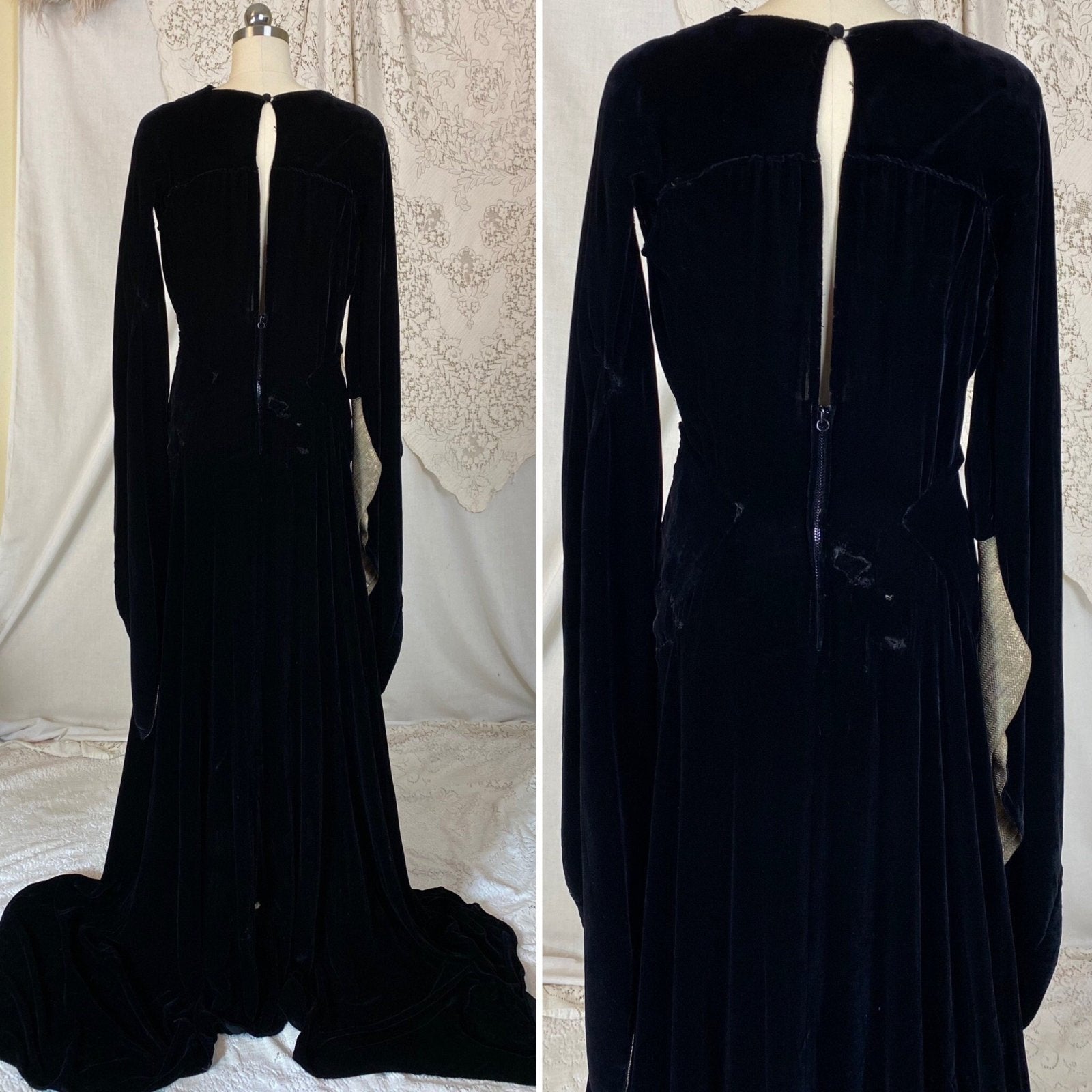 Vintage 1930's Dress | Deep Black Silk Velvet with Gold Lamé Sleeves | Size S, M | Roy H. Bjorkman - Daggers & Dames