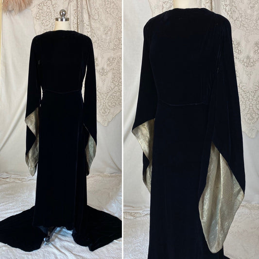 Vintage 1930's Dress | Deep Black Silk Velvet with Gold Lamé Sleeves | Size S, M | Roy H. Bjorkman - Daggers & Dames