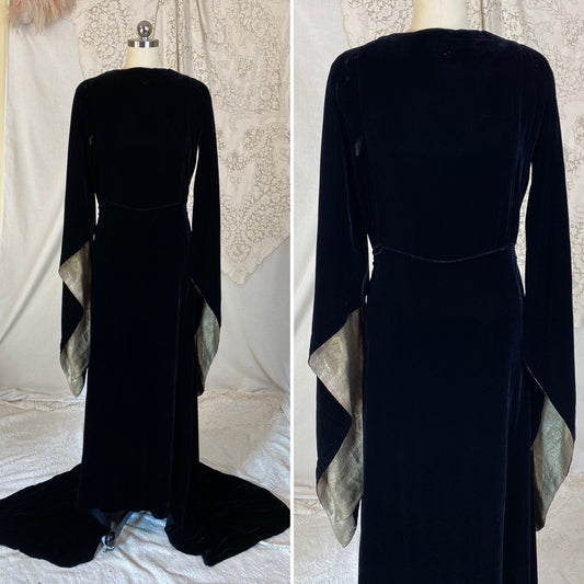 Vintage 1930's Dress | Deep Black Silk Velvet with Gold Lamé Sleeves | Size S, M | Roy H. Bjorkman - Daggers & Dames