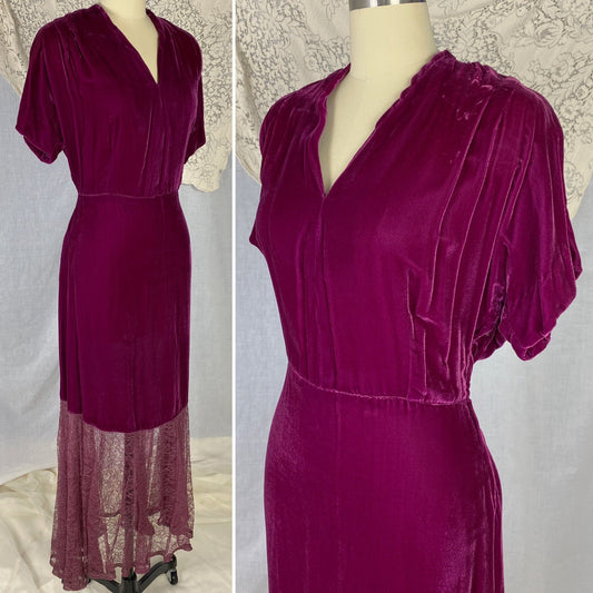 Vintage 1930's Dress | Deep Fuchsia Pink Silk Velvet with Floral Chantilly Lace | Size M - Daggers & Dames
