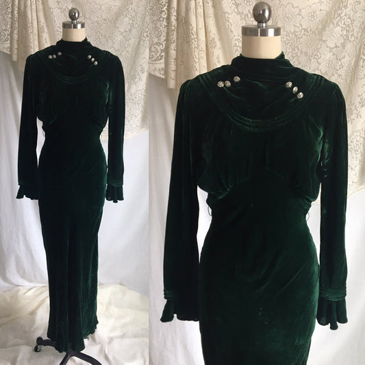 Vintage 1930's Dress | Emerald Green Velvet with Rhinestone Buttons & Open Back | Size XS - Daggers & Dames