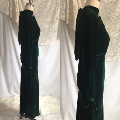Vintage 1930's Dress | Emerald Green Velvet with Rhinestone Buttons & Open Back | Size XS - Daggers & Dames