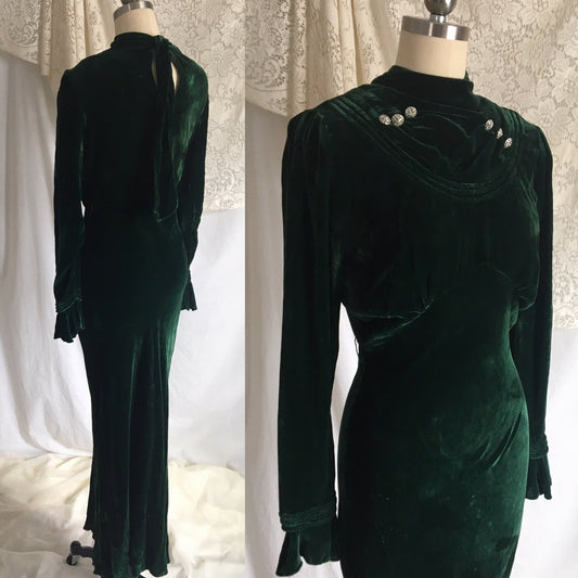 Vintage 1930's Dress | Emerald Green Velvet with Rhinestone Buttons & Open Back | Size XS - Daggers & Dames