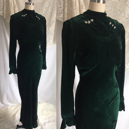 Vintage 1930's Dress | Emerald Green Velvet with Rhinestone Buttons & Open Back | Size XS - Daggers & Dames