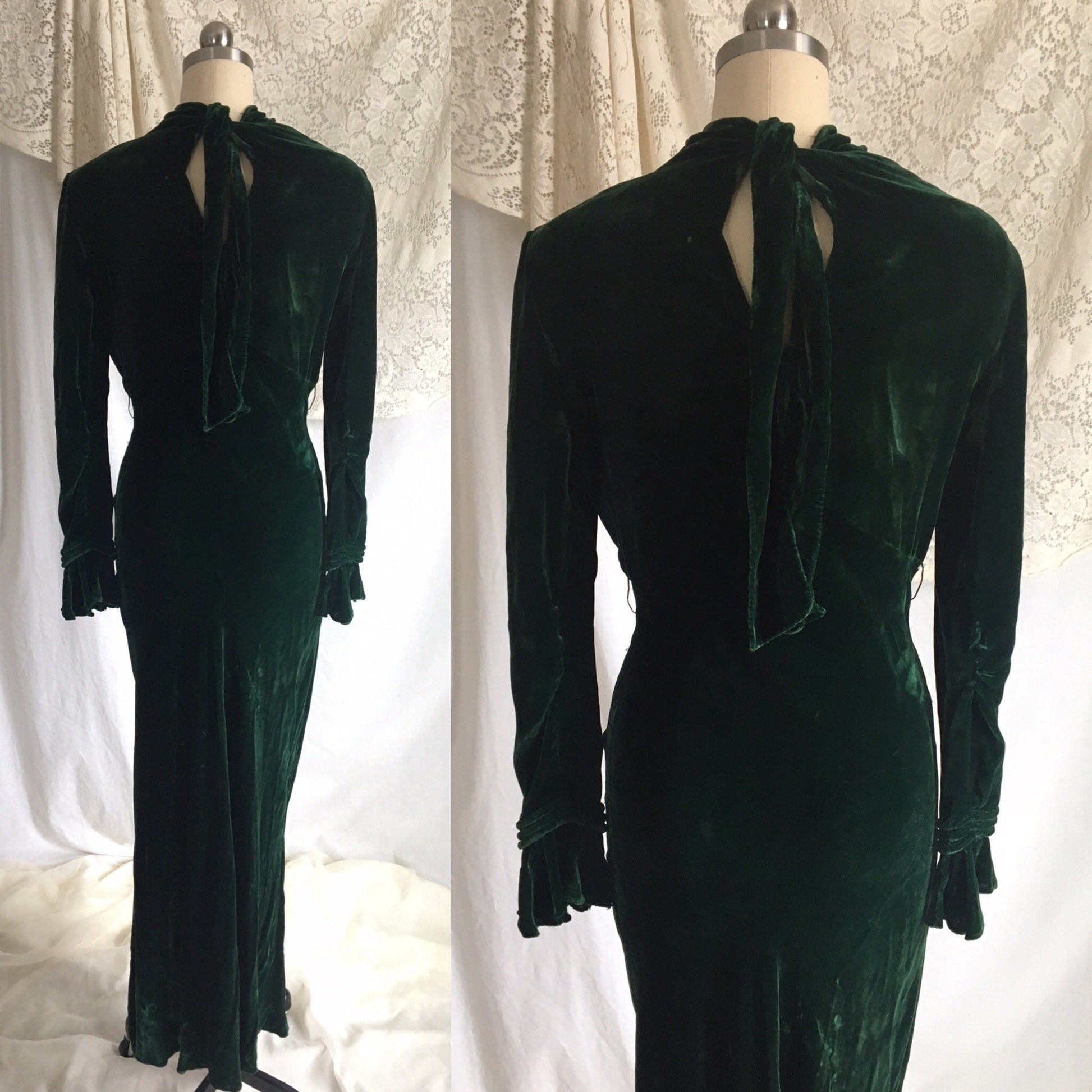 Vintage 1930's Dress | Emerald Green Velvet with Rhinestone Buttons & Open Back | Size XS - Daggers & Dames