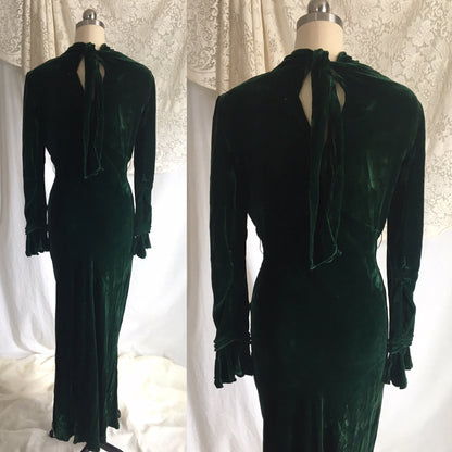 Vintage 1930's Dress | Emerald Green Velvet with Rhinestone Buttons & Open Back | Size XS - Daggers & Dames