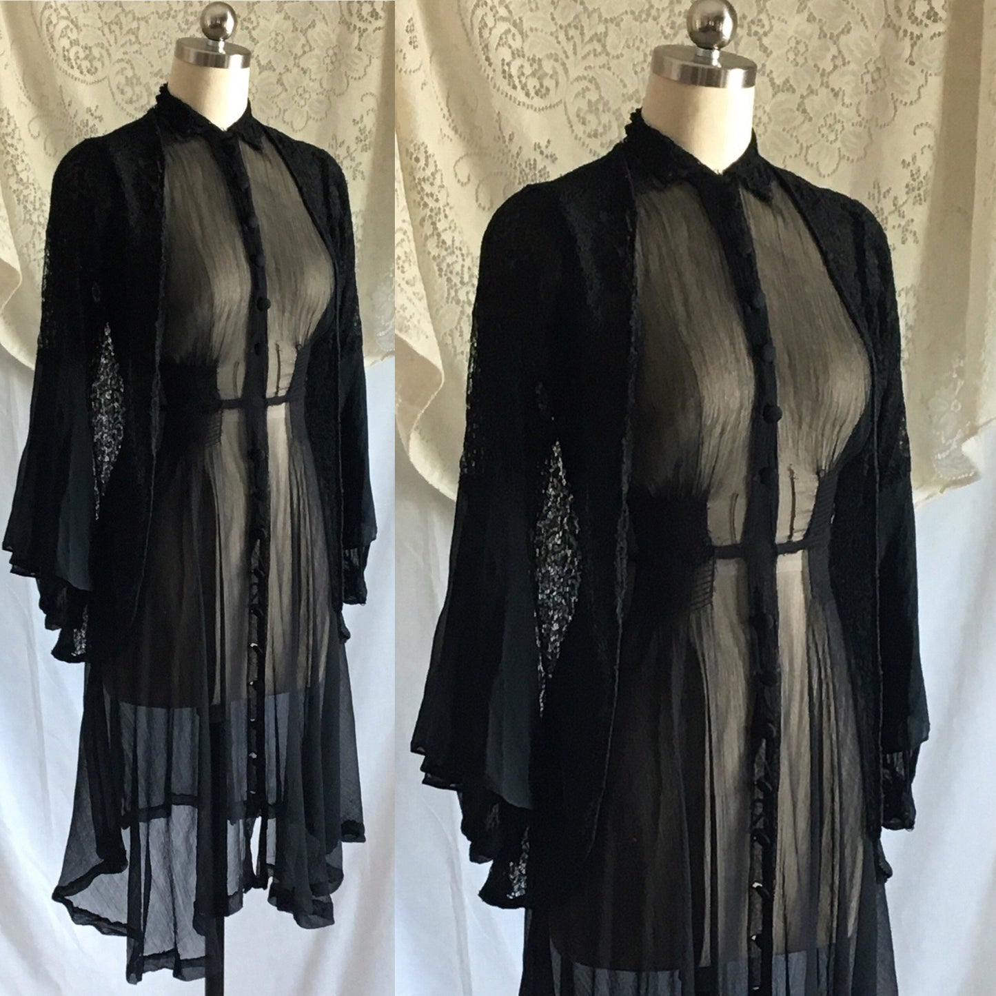 Vintage 1930's Dress Set | Rare Black Silk Georgette with Chantilly Lace | Size XXS, Petite - Daggers & Dames