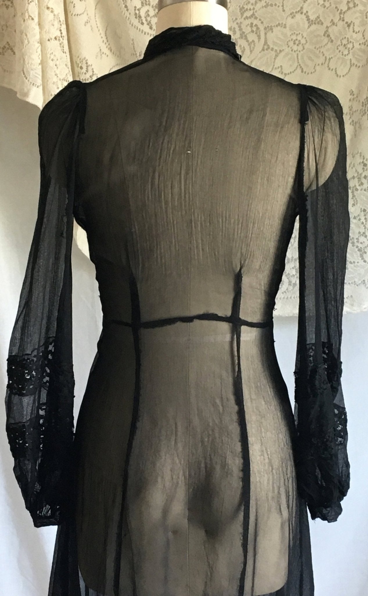 Vintage 1930's Dress Set | Rare Black Silk Georgette with Chantilly Lace | Size XXS, Petite - Daggers & Dames