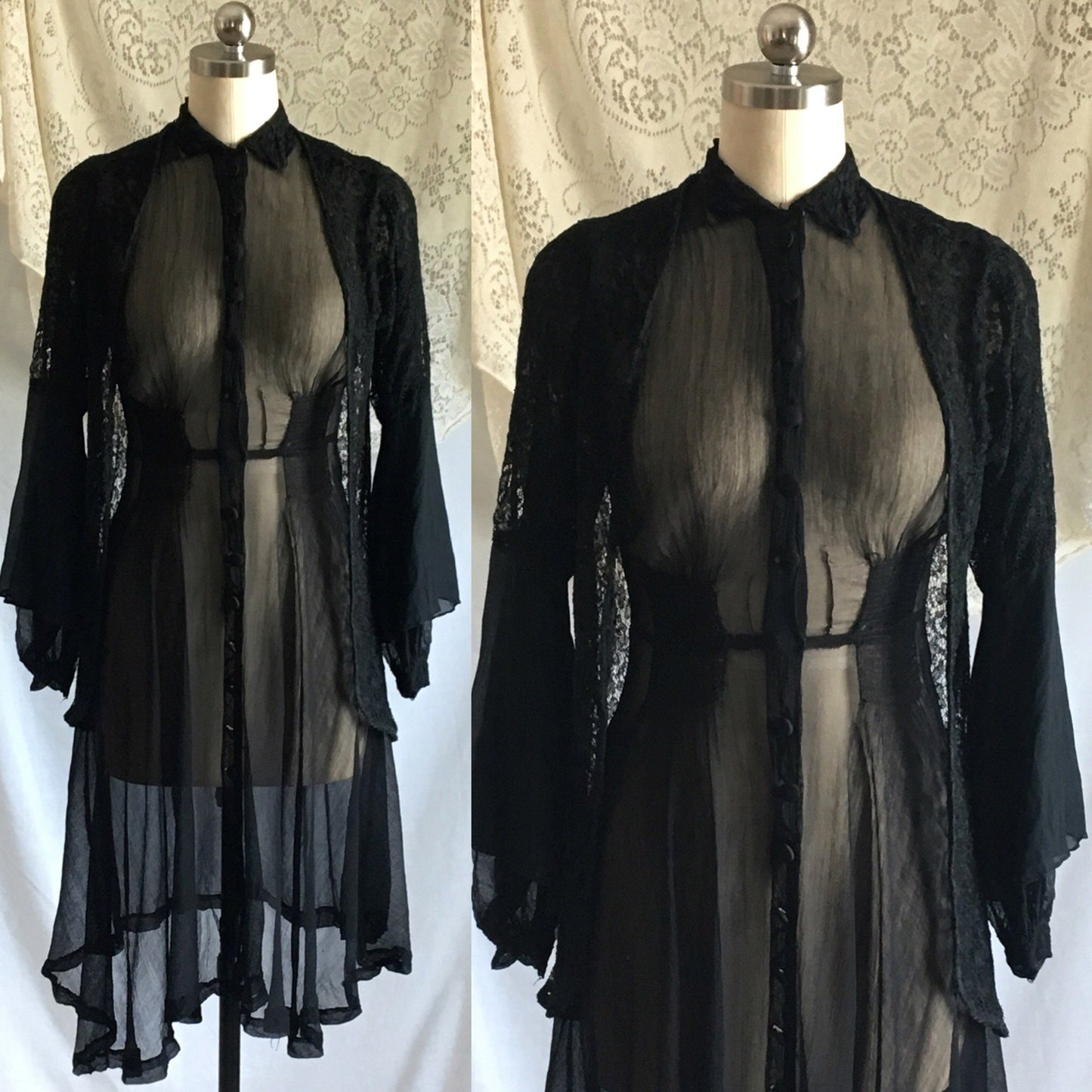 Vintage 1930's Dress Set | Rare Black Silk Georgette with Chantilly Lace | Size XXS, Petite - Daggers & Dames