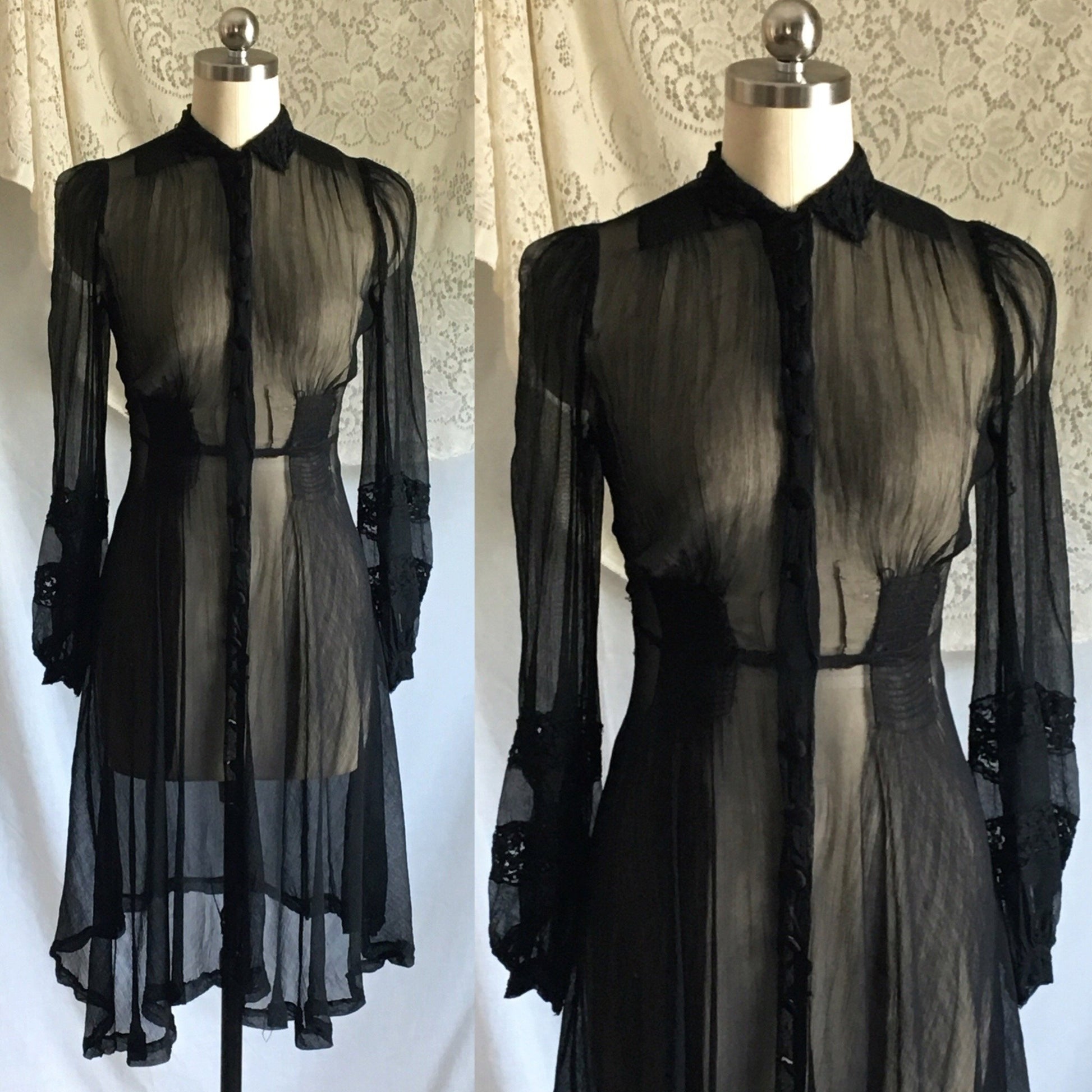 Vintage 1930's Dress Set | Rare Black Silk Georgette with Chantilly Lace | Size XXS, Petite - Daggers & Dames