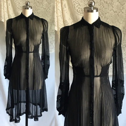 Vintage 1930's Dress Set | Rare Black Silk Georgette with Chantilly Lace | Size XXS, Petite - Daggers & Dames