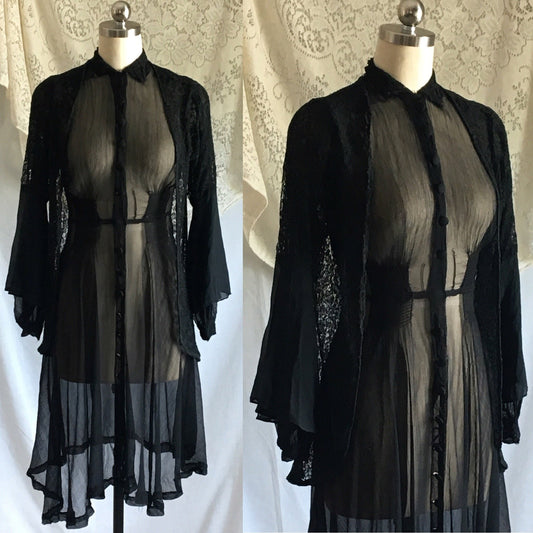 Vintage 1930's Dress Set | Rare Black Silk Georgette with Chantilly Lace | Size XXS, Petite - Daggers & Dames