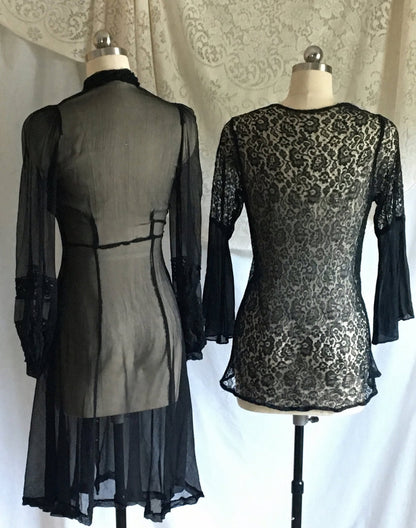 Vintage 1930's Dress Set | Rare Black Silk Georgette with Chantilly Lace | Size XXS, Petite - Daggers & Dames