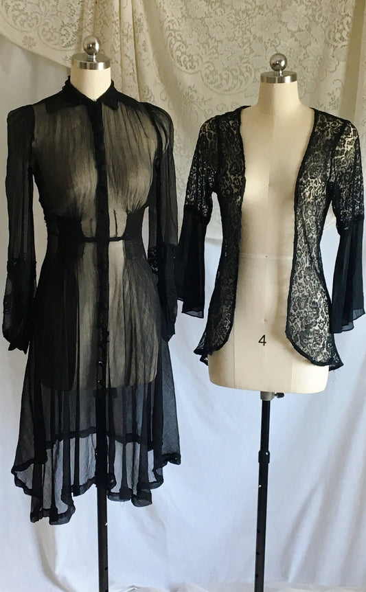 Vintage 1930's Dress Set | Rare Black Silk Georgette with Chantilly Lace | Size XXS, Petite - Daggers & Dames
