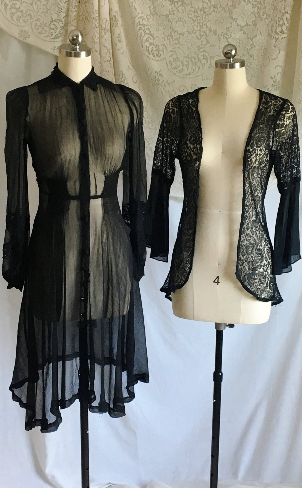 Vintage 1930's Dress Set | Rare Black Silk Georgette with Chantilly Lace | Size XXS, Petite - Daggers & Dames