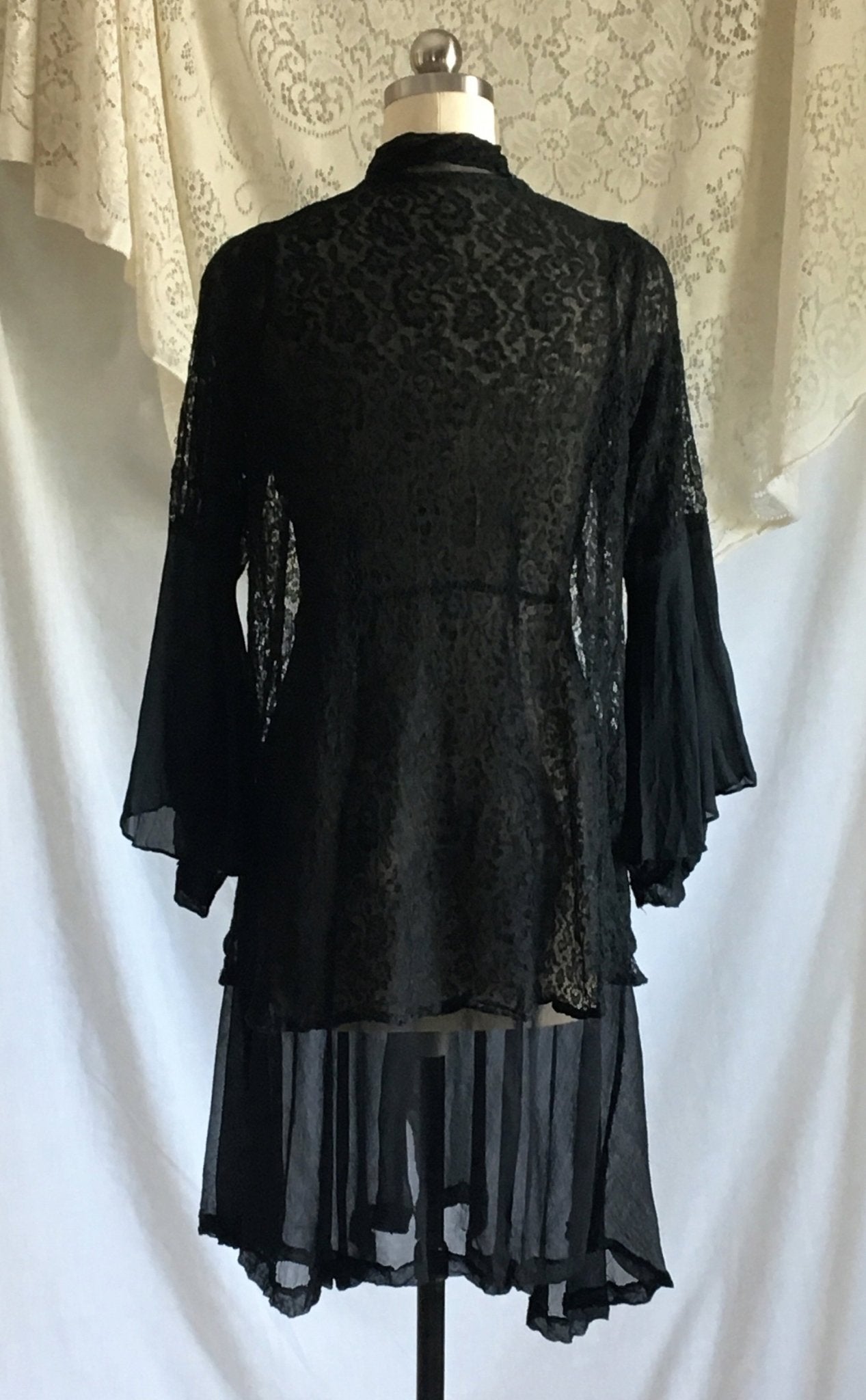 Vintage 1930's Dress Set | Rare Black Silk Georgette with Chantilly Lace | Size XXS, Petite - Daggers & Dames