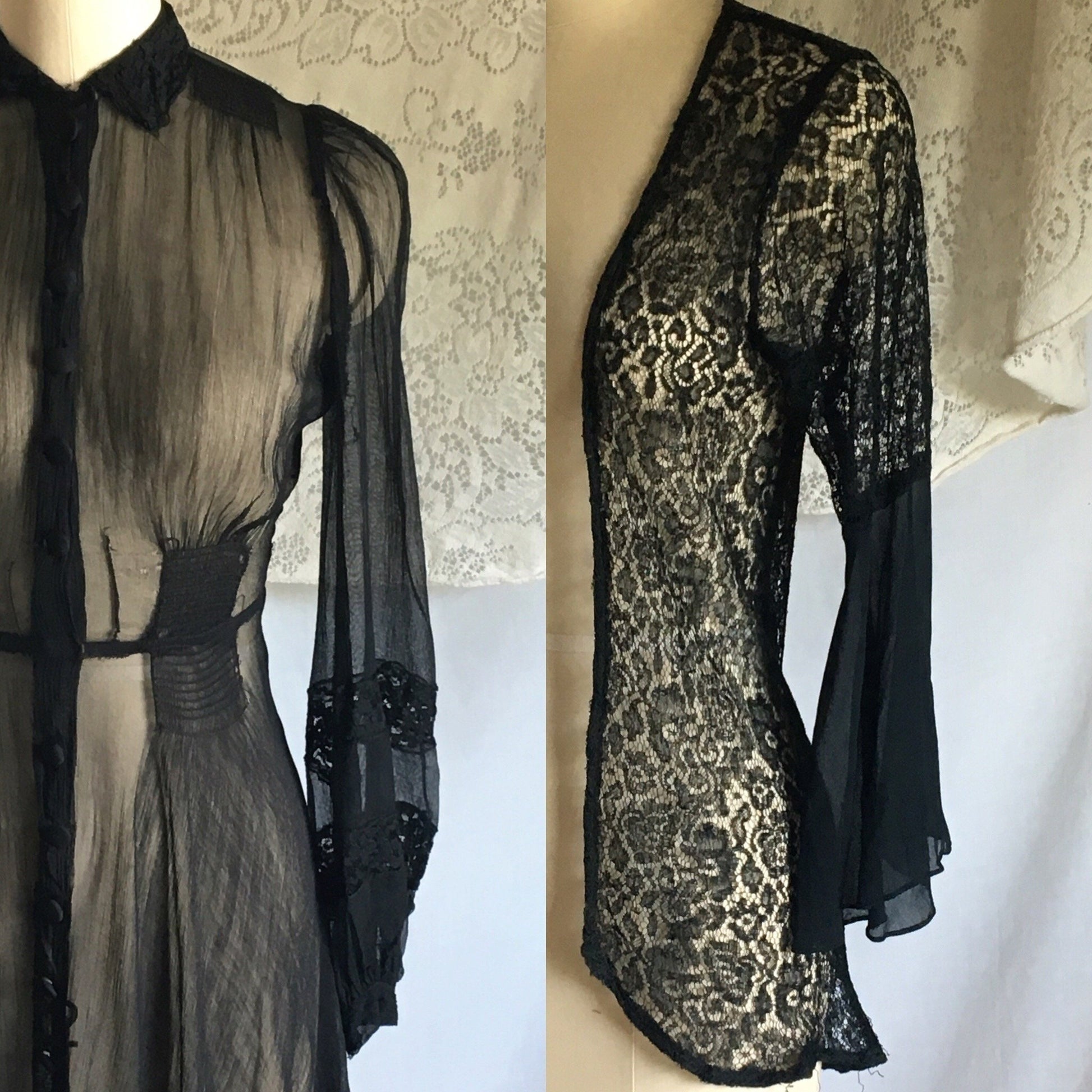 Vintage 1930's Dress Set | Rare Black Silk Georgette with Chantilly Lace | Size XXS, Petite - Daggers & Dames