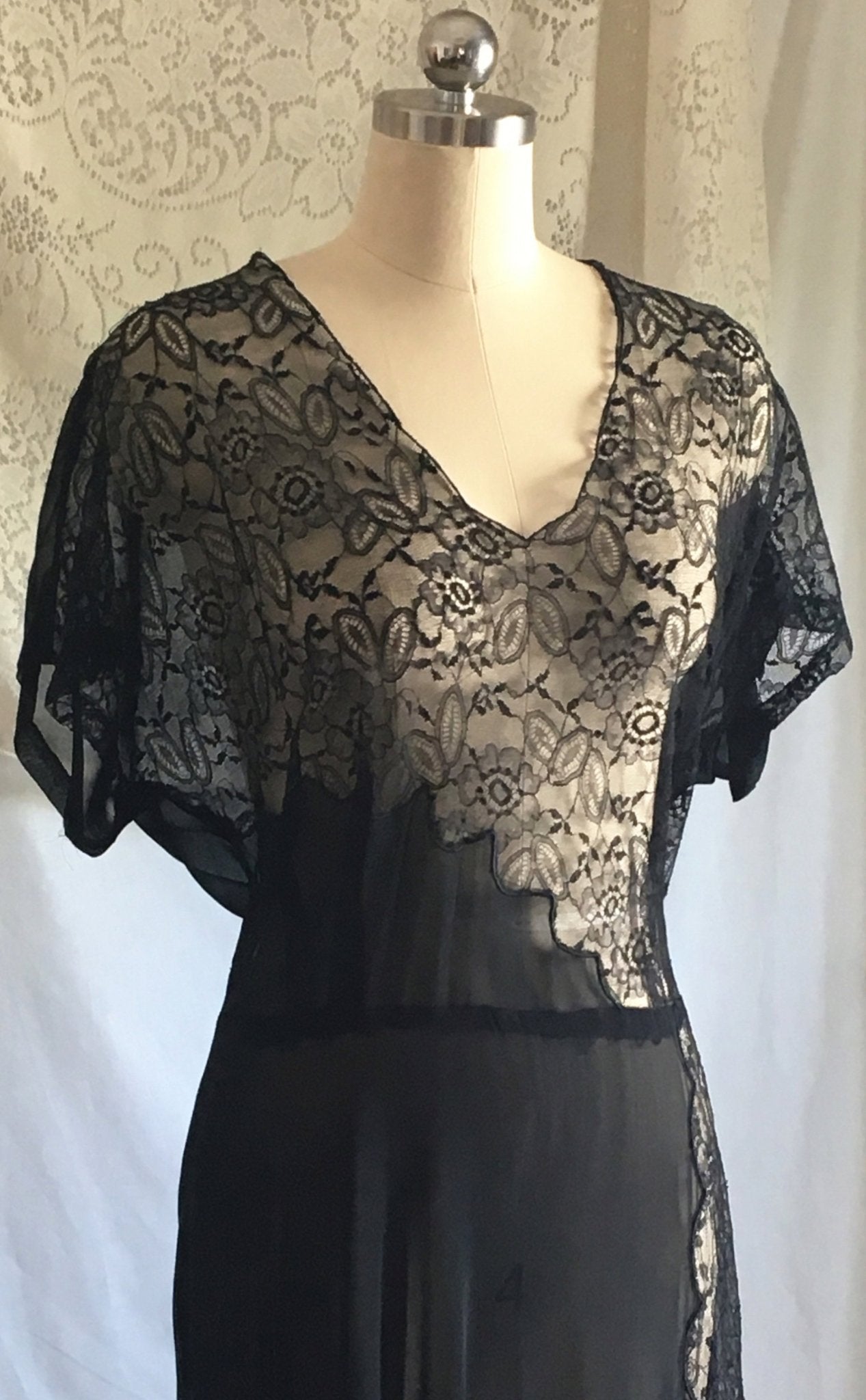 Vintage 1930's Dress | Sheer Black Rayon Chiffon with Chantilly Lace | Size Free up to XL - Daggers & Dames